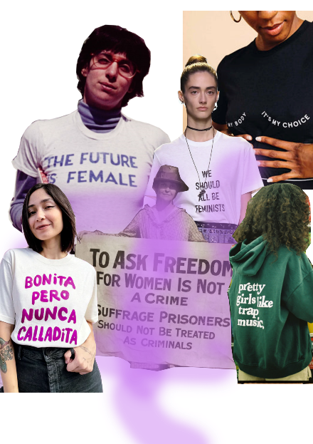 Imágenes moodboard: Fotografía de Liza Cowan (1976), Camiseta Dior (2017), Camiseta The outrage (2024), sufragista años 20, Camiseta Solita (2024), y sudadera Nude Project (2023)