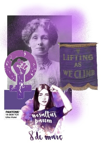 Imágenes moodboard: Emmeline Pankurst, puño de venus, estandarte NACWC 1910 Wome´s Museum of California. Ilustración de Tres Voltes Rebel (2018). Pantone Ultraviolet (2018)