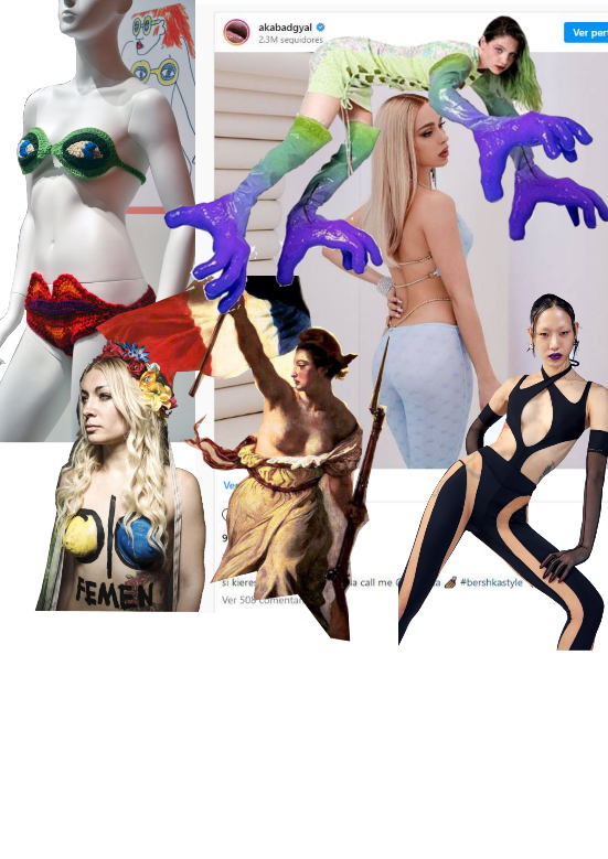 Imágenes moodboard: Bikini Birgitta Bjerke (1968), Look de Beate.Karlson (2023), activista de Femen, detalle de Marianne de la pintura de Delacroix, Pueblo guiando a la libertad (1830), BadGyal para Berska(2021), Mugler &HM (2023)