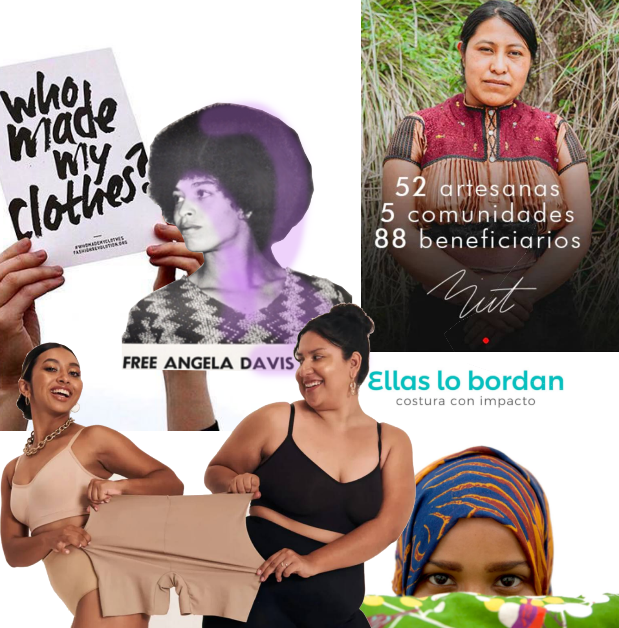 Imágenes moodboard: Who made my clothes, fashion Revolution, Angela Davis (años 60), Campaña Casilda Mut (2024), Ellaz (2024), e imagen empresa Ellas lo bordan