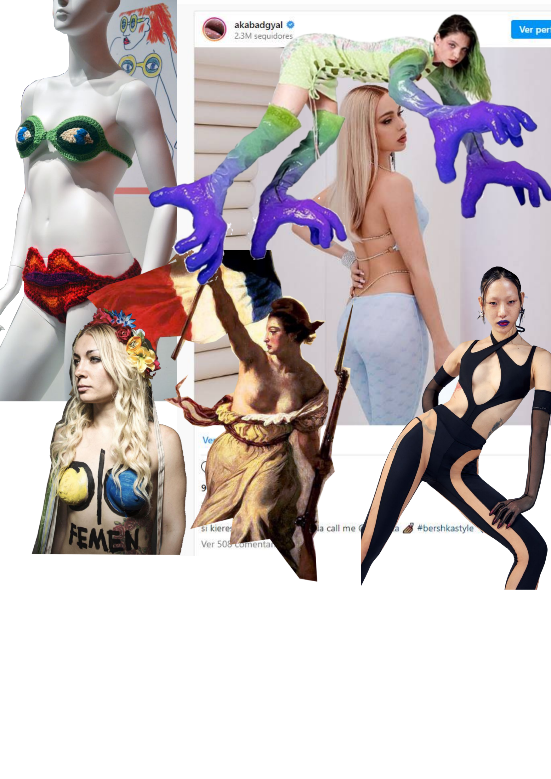 Imágenes moodboard: Bikini Birgitta Bjerke (1968), Look de Beate.Karlson (2023), activista de Femen, detalle de Marianne de la pintura de Delacroix, Pueblo guiando a la libertad (1830), BadGyal para Berska(2021), Mugler &HM (2023)
