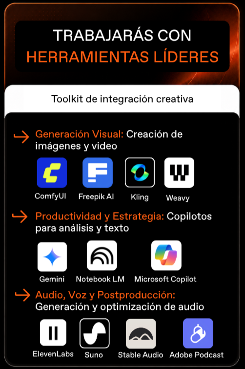 Herramientas IA del Máster en IA aplicada a la creatividad y al diseño: comfyUI, Freepik, kling, Weavy, Gemini, Notebook LM, Microsoft Copilot, elevenLabs, Suno, Stable Audio, Adobe Podcast Herramientas IA del Máster en IA aplicada a la creatividad y al diseño: comfyUI, Freepik, kling, Weavy, Gemini, Notebook LM, Microsoft Copilot, elevenLabs, Suno, Stable Audio, Adobe Podcast
