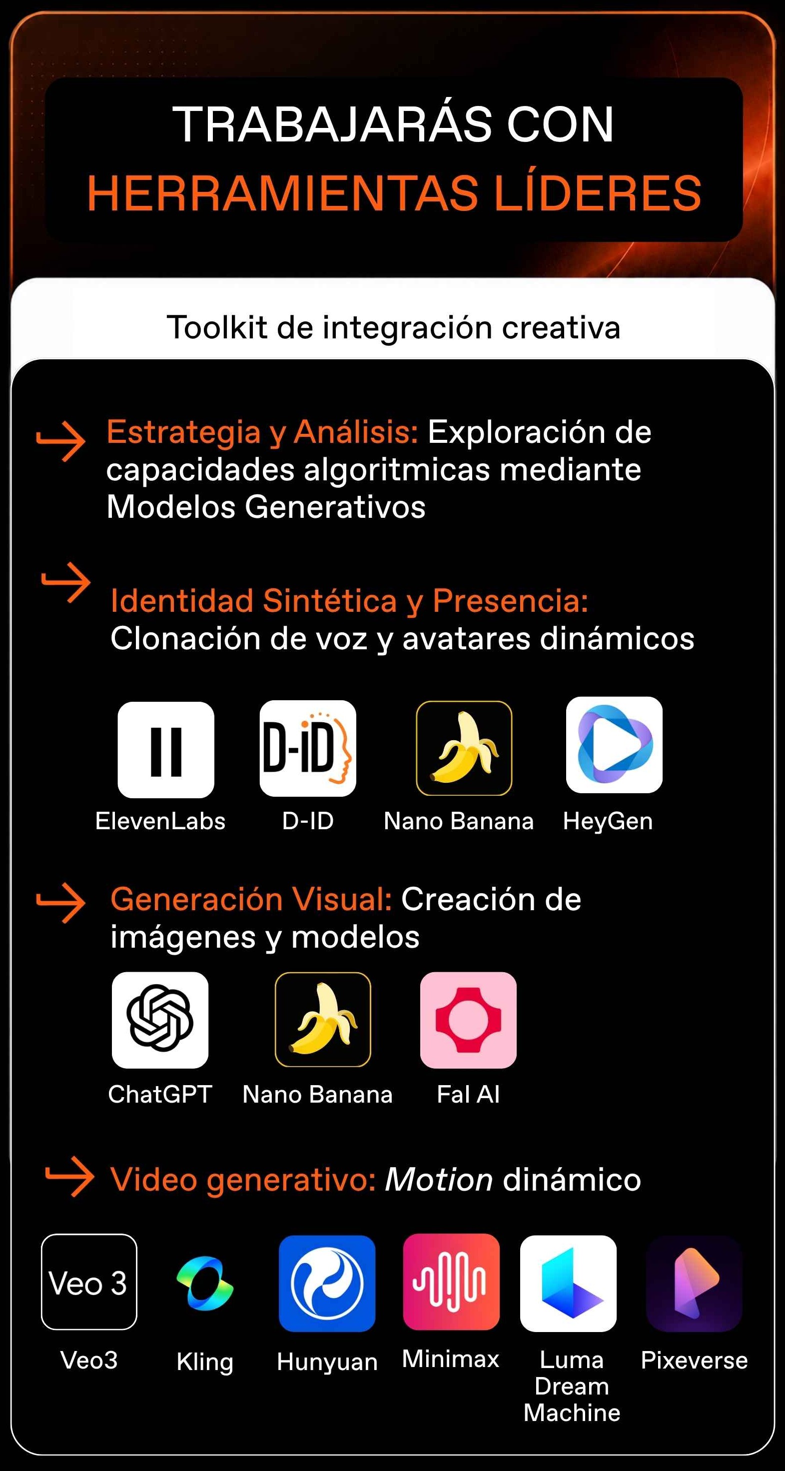 Herramientas de IA del Máster en Branding, Creatividad y Comunicación de Marca: ElevenLabs, D-ID, Nano Banana, HeyGen, Chat GPT, FAL AI, VEO3, Kling, Huyuan, Minimax, Luma Dream Machine, Pixeverse