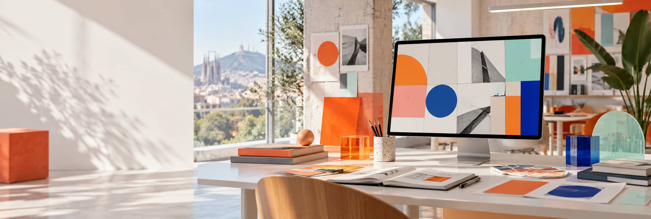 Estudio de diseño creativo con ordenador, materiales gráficos y vistas de Barcelona