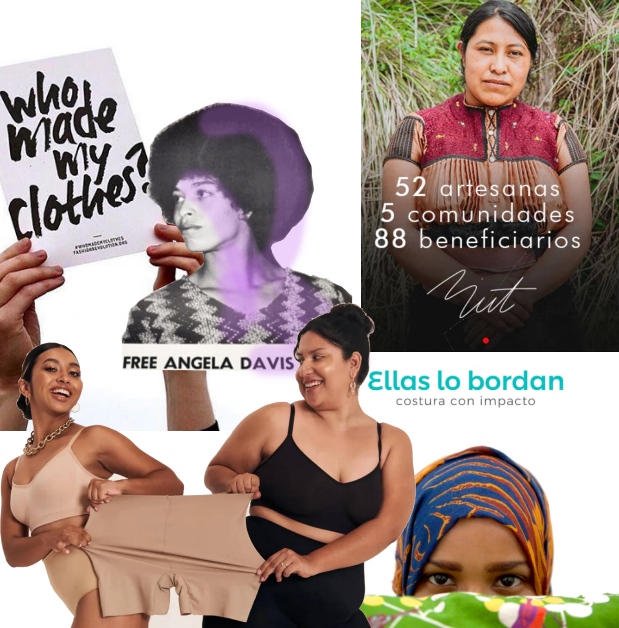 Imágenes moodboard: Who made my clothes, fashion Revolution, Angela Davis (años 60), Campaña Casilda Mut (2024), Ellaz (2024), e imagen empresa Ellas lo bordan