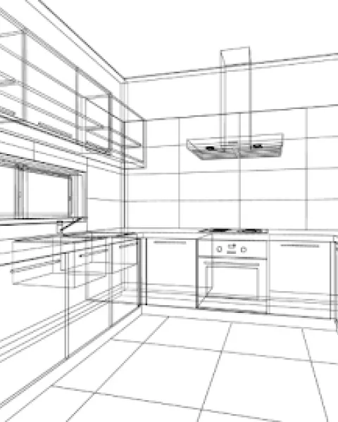 Dibujo técnico en perspectiva de la distribución y el mobiliario de una cocina