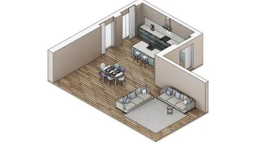 Vista axonométrica de un espacio interior con cocina, comedor y salón