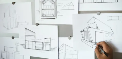 Mano realizando un boceto arquitectónico en perspectiva junto a varios dibujos de edificios
