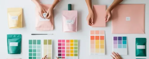 Muestras de colores y diseños de packaging organizados sobre una mesa
