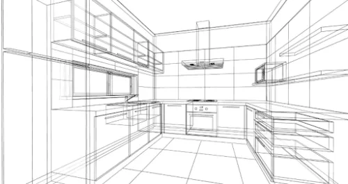 Dibujo técnico en perspectiva de la distribución y el mobiliario de una cocina