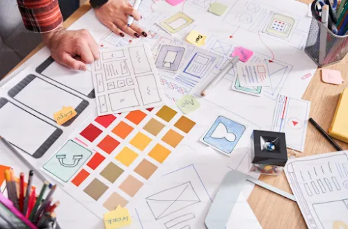 Designers working with wireframes, colour palettes and visual elements.