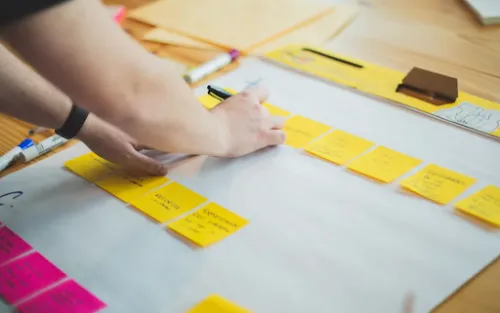 Persona colocando post-its en pizarra blanca